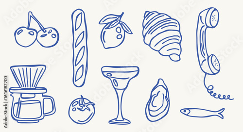 Whimsical hand drawn blue line icons with Italian vibe. Croissant, coctail, cherry, lemon, baguette, oyster, espresso, phone, fish. La dolce vita aesthetic. Perfect for packaging, branding.
