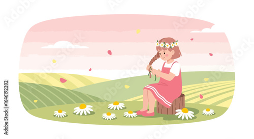 Young Girl Braiding Hair Adorned With Daisy Chain In A Spring Landscape