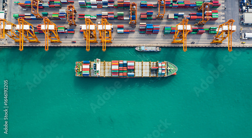 Aerial view of a loaded cargo ship leaving a port, with cranes and shipping containers visible.