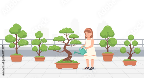 Young girl carefully watering bonsai trees on a rooftop garden with city view backdrop showing care and serenity in minimalistic art style