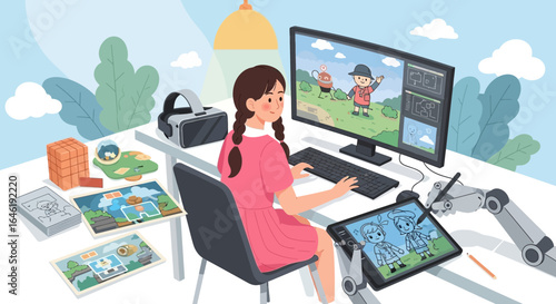 Young girl designing video game characters and virtual worlds with robot assistance