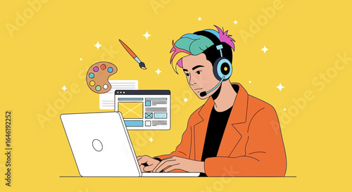 Young graphic designer with creative hair using laptop and headset for work task