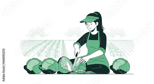 Woman Farmer Cutting Cabbage In A Field Preparing To Ferment Vegetables