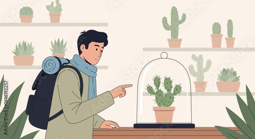 Young man admiring a cactus under a glass dome in a botanical setting display with indoor plants