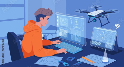 Young man using drone and computer for architectural project design and analysis