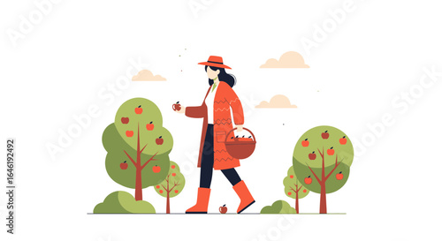 Woman Harvesting Ripe Red Apples in Orchard During Autumn Season Flat Illustration