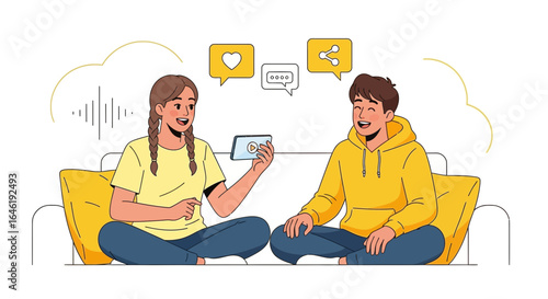 Young people enjoy watching online content together while staying connected with friends