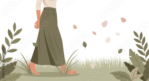 Woman in Long Skirt Walking Barefoot in a Meadow with Falling Leaves Depicted in an Illustration