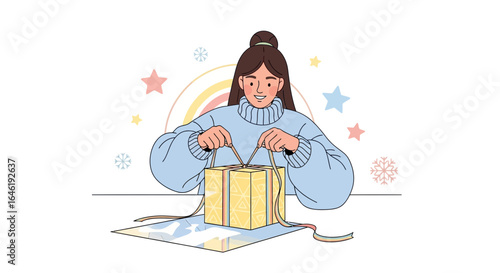 Young woman cheerfully tying a ribbon around a beautiful present illustration