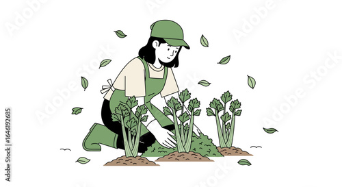 Young woman cultivating celery plants in her garden with healthy and vibrant organic vegetables ready to be harvested illustration