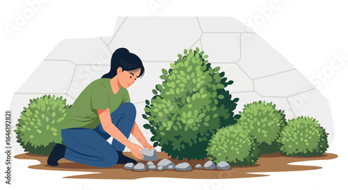 Young Woman Landscaping a Backyard Garden with Shrubs and Stones