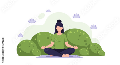 Woman Meditating in a Serene Outdoor Setting Surrounded by Greenery and Lotus Flowers