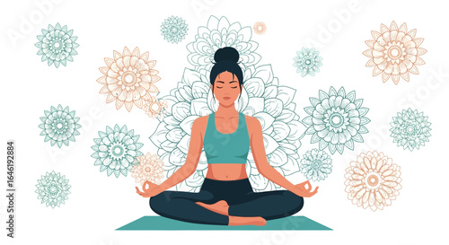 Woman meditating in lotus position with floral mandala background promoting relaxation and wellness for mindfulness