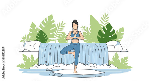 Young Woman Practicing Yoga Pose In Nature By A Peaceful Waterfall Setting