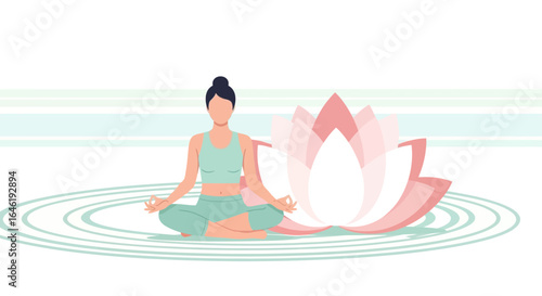 Woman meditating in lotus position, symbolizing peace and tranquility with abstract lotus flower backdrop creating a serene atmosphere