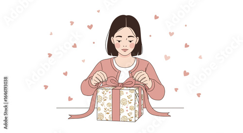 Young woman with a present box unpacking unwrapping opening gift for birthday