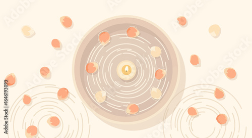 Zen candle surrounded by petals, promoting wellness and relaxation with soft, muted colors creating a calming atmosphere