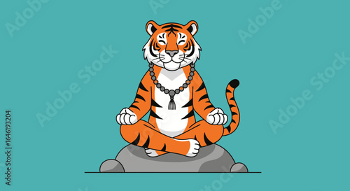 Zen Tiger: Cartoon Tiger Meditating in Lotus Position on a Rock with Turquoise Background