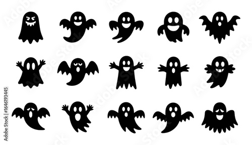 Black ghost shapes with various facial expressions halloween spooky