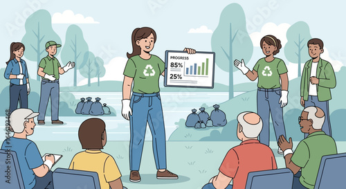 Environmental Volunteers Reviewing Progress After Park Cleanup Activity