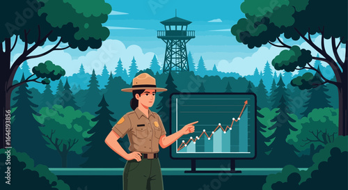 Forest Ranger Analyzes Data Displayed On Screen Against Tower Background