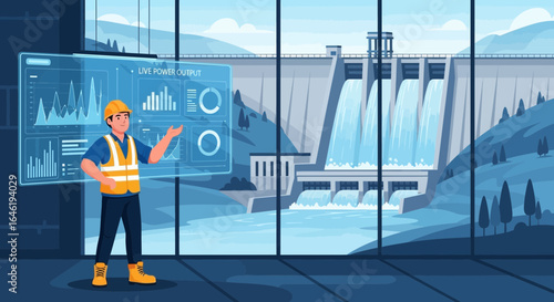 Hydroelectric Power Engineer Analyzing Live Data on Transparent Display