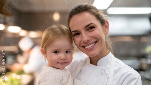 Chef mother holding her baby in a restaurant kitchen