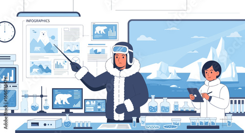 Polar Bears Research In Laboratory With Scientists And Infographics