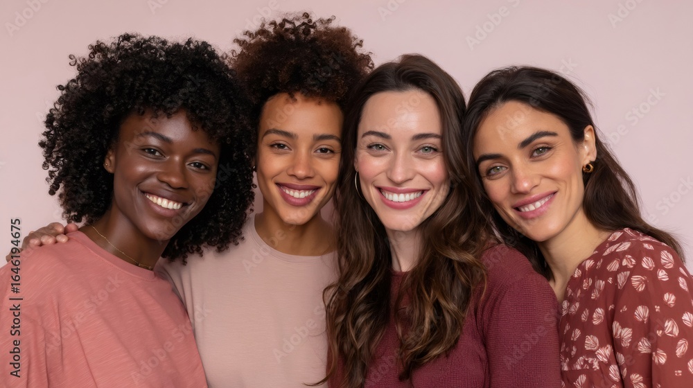 Fototapeta premium Four diverse women smiling together in studio portrait promoting diversity and inclusion