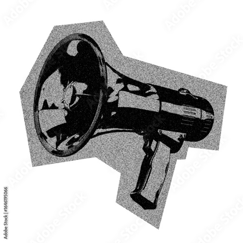 Retro black and white megaphone protest symbol illustration with halftone texture PNG