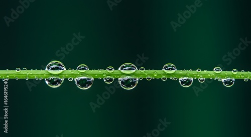 Closeup of multiple water drops lined up on a thin green plant stem