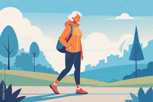 Elderly woman in stylish sneakers and bright hoodie walking in the park with headphones and backpack, smiling, sunny morning.