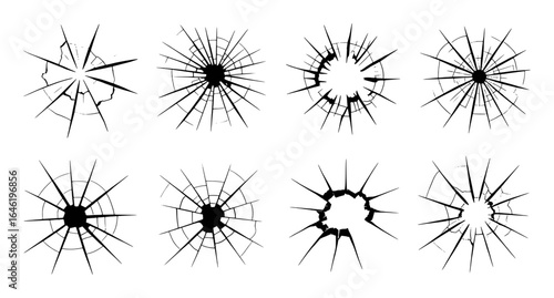 Black shattered glass patterns on white background broken crack