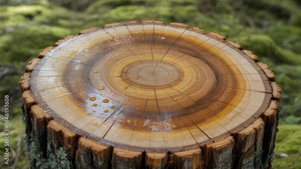 Fototapeta premium Close-up view of a freshly cut tree stump showing intricate wood grain and natural moisture in a forest setting