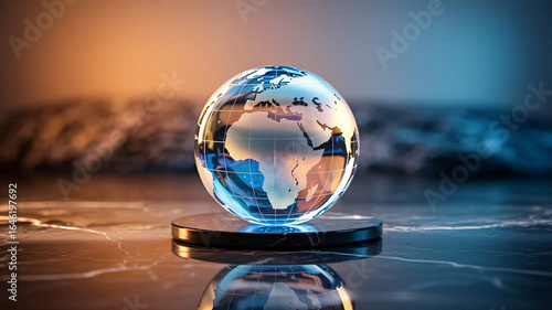 Crystal earth globe glistening on marble surface symbolizes global connection and modern business ventures