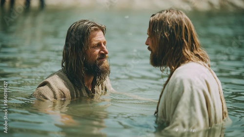 Biblical river baptism with Jesus and disciple

