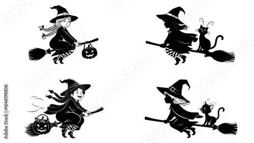 Four playful witches flying on brooms with pumpkins and cats  