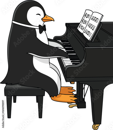 Cute Cartoon Penguin Playing Piano with Sheet Music – Musical Animal Character Illustration