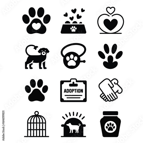 Animal charity pack with 10 black and white vector items including paw, pet food, leash, and donation jar