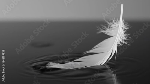 Single White Feather on Water - A delicate white feather floats gently on the surface of still water, creating subtle ripples.