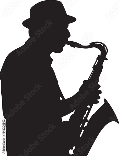 Silhouette of a man wearing a fedora hat playing a saxophone musician jazz