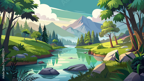 A serene river winds gently through lush greenery, its surface mirroring the delicate branches above, while sunlight dances softly across the peaceful forest landscape in a graceful, timeless embrace