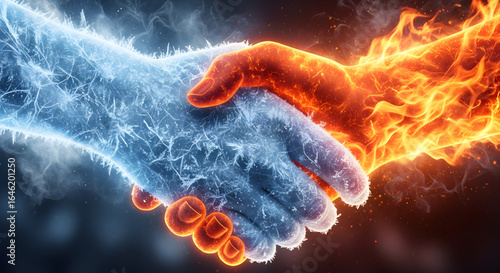 A conceptual handshake between a hand of ice and a hand of fire symbolizes the union of opposites conflict and volatile agreements.