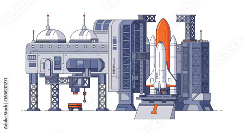 Stylized flat vector illustration of a vibrant spaceport terminal with rocket dock