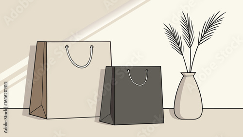 Two paper shopping bags and a vase with grass paper bag