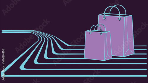 Two purple shopping bags on a dark background with blue lines