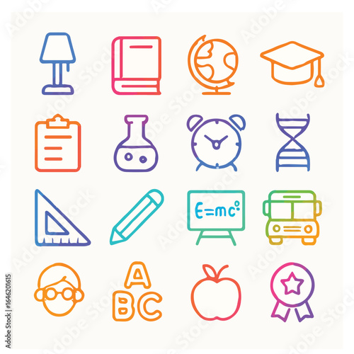 Colorful education icons set with school supplies and learning objects for back to school and educational resources, vector illustration