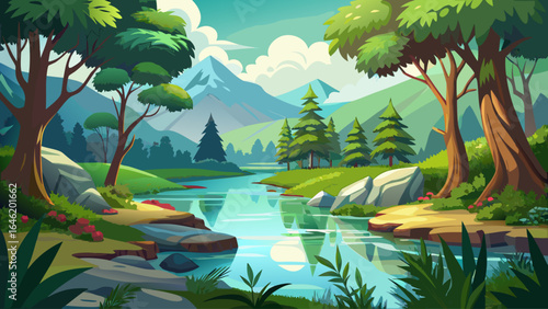 A serene river winds gently through lush greenery, its surface mirroring the delicate branches above, while sunlight dances softly across the peaceful forest landscape in a graceful, timeless embrace