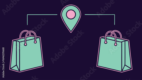 Two shopping bags connected to a location pin connection