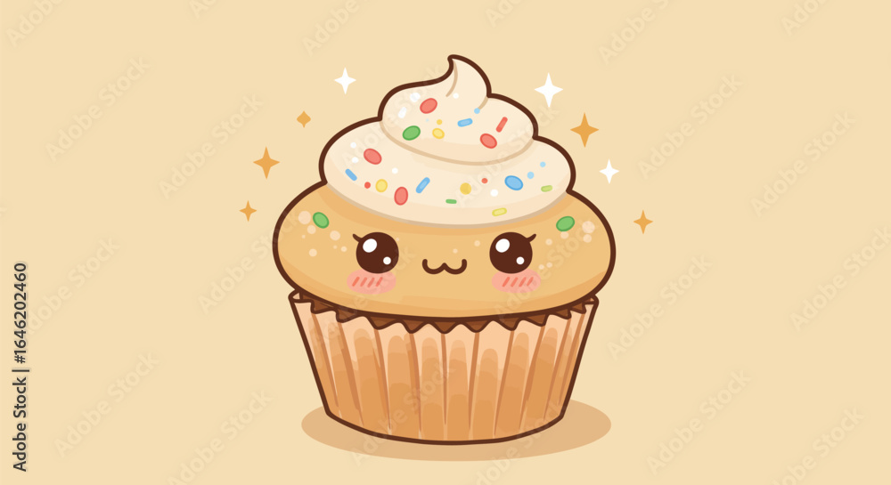 Adorable cupcake illustration with charming facial expression and sprinkles
